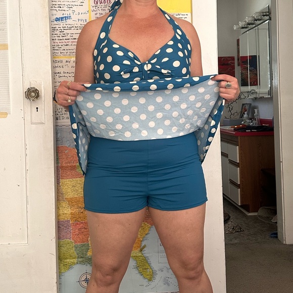 Cocoship retro blue with polka dot Swim suit/dress with attached shorts - Picture 2 of 5